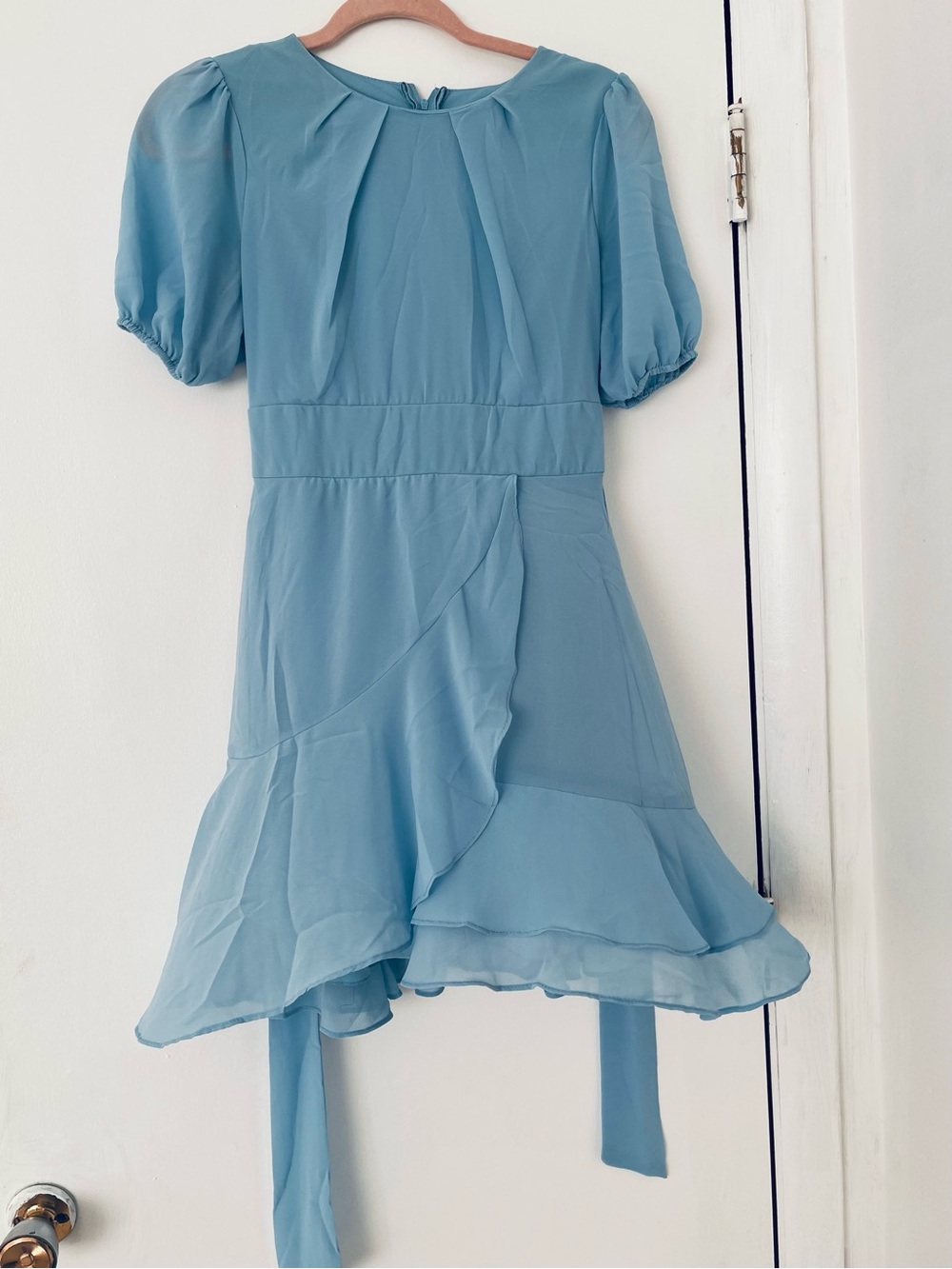 B Darlin Light Blue Puff-Sleeve Ruffle Dress